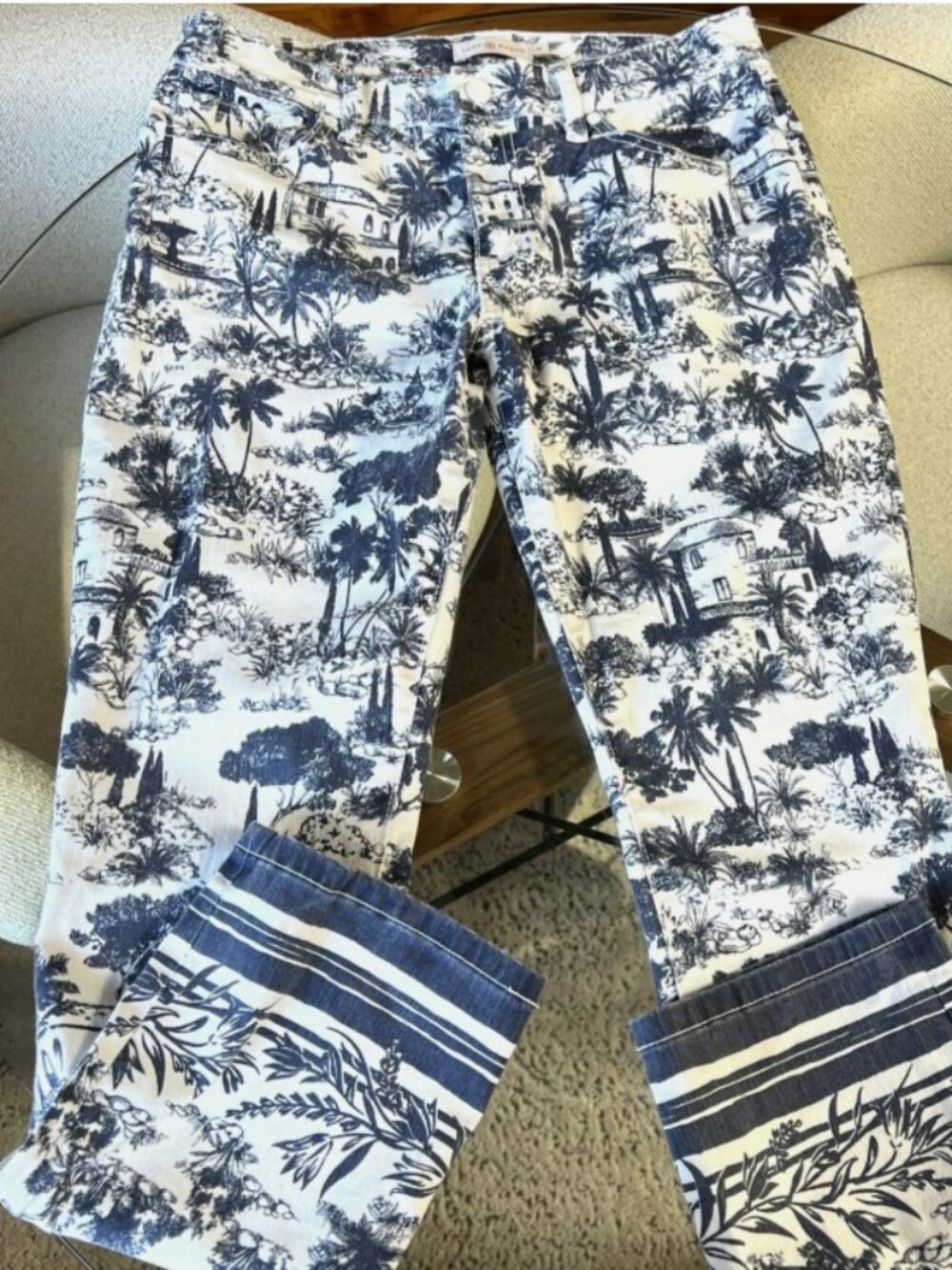 Tory Burch Toile Print Cropped Jeans Size 30 Blue White Tropical Denim